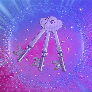 Image-Three vintage keys inside a radiant, starry orb with rays of blue and purple light—symbolizing unlocking inner wisdom, releasing limiting beliefs, and spiritual awakening.